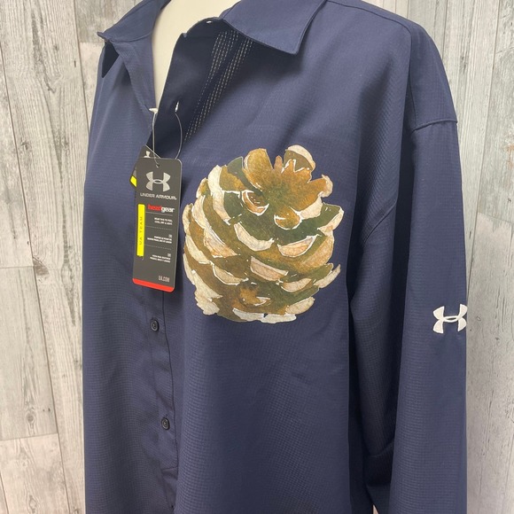 Hand Printed Mens XXL Upcycled Rustic Woody Pine Cone Long Sleeve Button Shirt - Picture 2 of 7